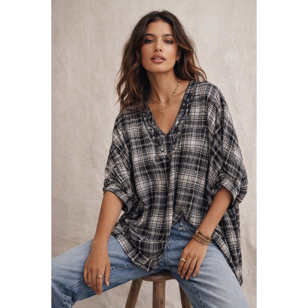 Free People Oversized Plaid Boho Top Black White Embroidered V-Neck Relaxed‎ Fit